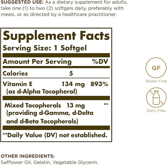 SOLGAR Vitamin E 200 IU 100 Softgels, 2 - 200 Total