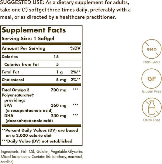 Solgar Double Strength Omega-3 700 mg, 120 Softgels 3 Fatty 120 Servings