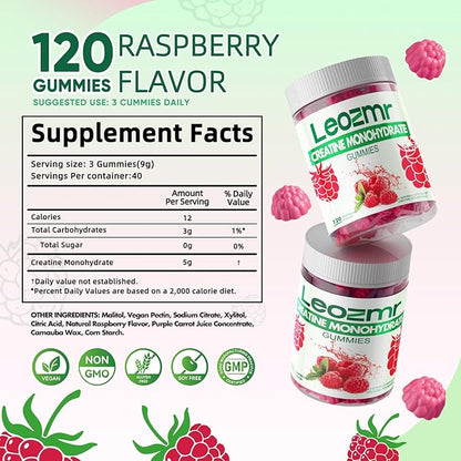 Creatine Monohydrate Gummies for Men & Women-5g of Creatine Monohydrate per Serving - Sugar Free,Vegan, Raspberry Flavor, 120 Count