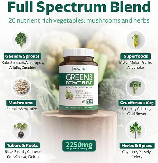 Super Greens Antioxidants Superfoods 2250mg Supplement 20 Ingredients 180 Capsules