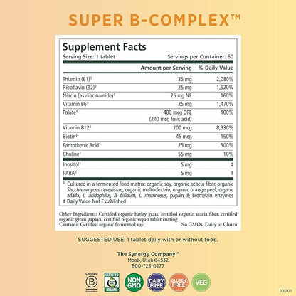 PURE SYNERGY Super B-Complex B12, Niacin, (60 Tablets)