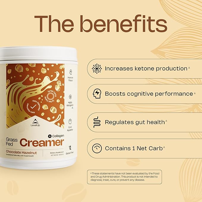 LevelUp Creamer, with Energizing MCT Oil and Collagen Peptides, Keto Coffee Creamer, Supports Natural Energy & Ketone Production - Chocolate Hazelnut, 11 oz