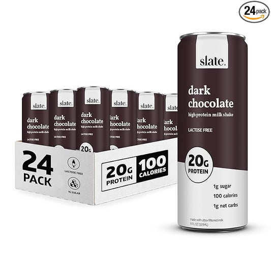Slate Milk - High Protein Milk Shake - Dark Chocolate - Lactose Free, 20g Protein, 1g Sugar, 100 Calories, 1g Net Carbs, No Added Sugar - Natural, Breakfast Boost, Post Workout - 11 fl oz, 24 Cans