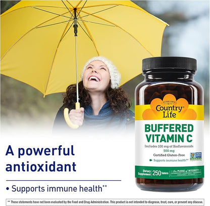Country Life Vitamin C Buffered with Bioflavonoids, 500mg, 250 Tablets, Certified Gluten Free, Certified Vegan