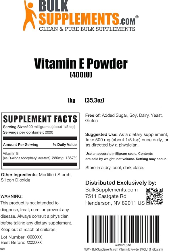 BulkSupplements.com Vitamin E 400 IU Powder 500mg per 1kg (2.2 (2.2 lbs) 1)