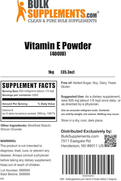 BulkSupplements.com Vitamin E 400 IU Powder 500mg per 1kg (2.2 (2.2 lbs) 1)