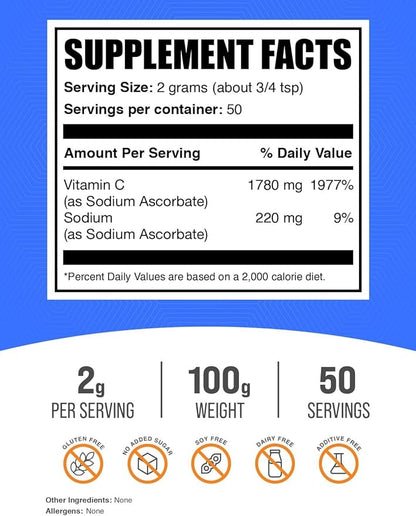 BulkSupplements.com Sodium Ascorbate Powder - for Immune Support, Sodium Ascorbate Vitamin C - Buffered Vitamin C, Gluten Free, 2000mg per Serving, 100g (3.5 oz) (Pack of 1)