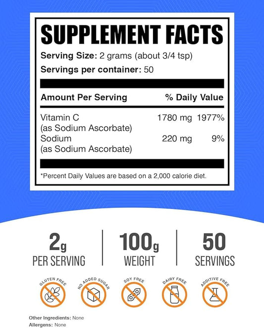 BulkSupplements.com Sodium Ascorbate Powder - for Immune Support, Sodium Ascorbate Vitamin C - Buffered Vitamin C, Gluten Free, 2000mg per Serving, 100g (3.5 oz) (Pack of 1)
