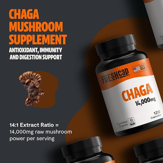 FreshCap Chaga Mushrooms Capsules 14,000mg - Chaga Mushroom Supplement, Mushroom Extract Antioxidants Supplement, Mushrooms Herbal Supplements, Ayurveda Nootropic Immunity Supplement (120 Capsules)