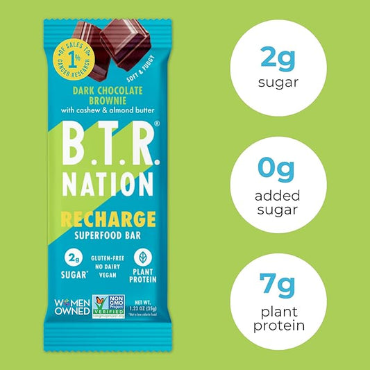 Vegan Keto Superfood Protein Bars, by B.T.R. - Low Carb, Plant Based, and Gluten Free | 12 Bars | Free of Sugar Alcohols and Boosted with Powerful Superfoods - (Brownie RECHARGE)
