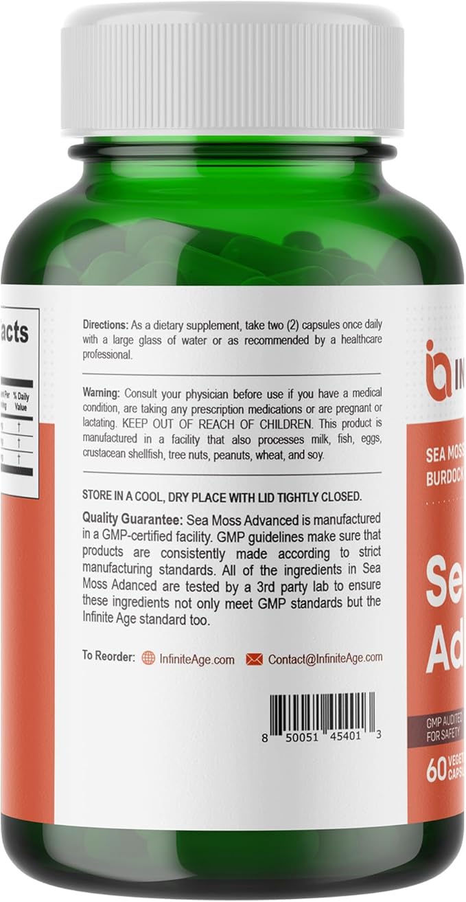 INFINITE AGE: 3 Pack, 1250mg Sea Moss Advanced Superfood, High-Potency, Vegan, Made in The USA - Irish Sea Moss, Bladderwrack, Burdock Root - Overall Health, Immunity Support, 180 Sea Moss Capsules