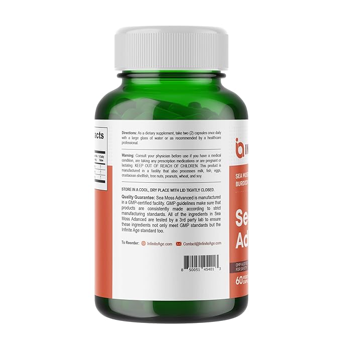 INFINITE AGE: 2 Pack, 1250mg Sea Moss Advanced Superfood, High-Potency, Vegan, Made in The USA - Irish Sea Moss, Bladderwrack, Burdock Root - Overall Health, Immunity Support, 120 Sea Moss Capsules