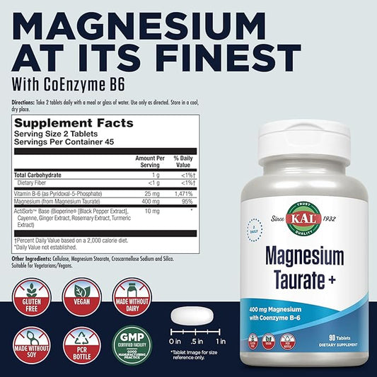 KAL Magnesium Taurate 400mg Plus CoEnzyme B6, Chelated 60-Day Guarantee, 45 Serv, 90 Tablets