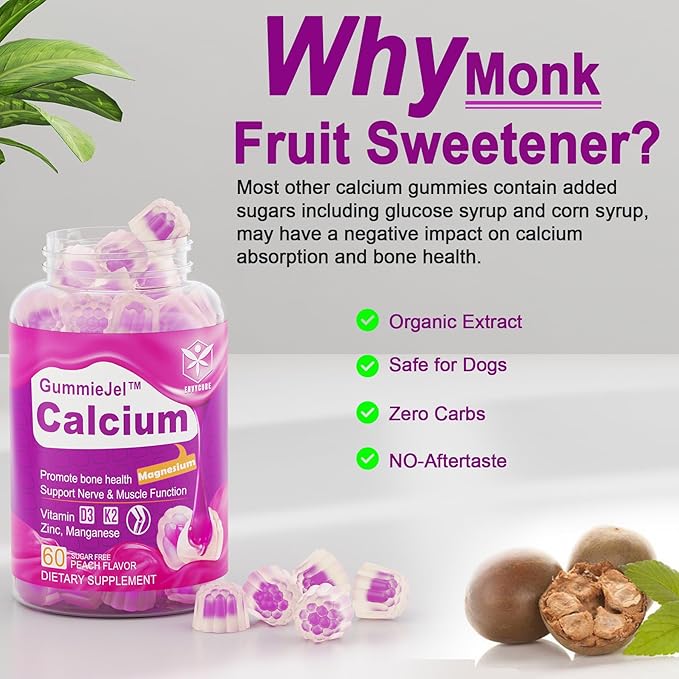 Sugar-Free Calcium Citrate Gummies 1000mg w/Vitamin D3 K2, K2, Magnesium, 60 Count