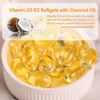 D3 K2 Vitamin 10000 IU + MK-7 200mcg Softgels, K2 D3 Vitamin Supplement with Coconut Oil for Bone, Teeth Health, Support Muscle & Heart Health, 90 Count