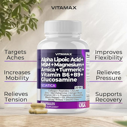Sciatic Nerve Health Support - Sciatic Nerve Supplement Capsules with Folic Acid, Pea, Glucosamine, MSM, Vitamin B Complex, Alpha Lipoic Acid 300mg – 60ct – Made in USA