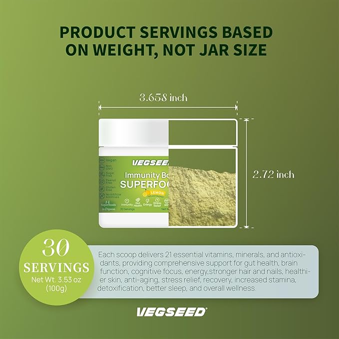 Immunity Greens Superfoods Powder,Immunity, Gut Health, Energy, Stress Relief, Skin, Nails, Hair, Improve Sleep, Overall Health, Multi-Vitamins&Minerals, 30SVG, 100 Grams