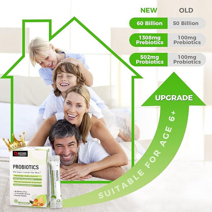 NATURE TARGET Probiotics for Women-Men-Kids Probiotic Powder 60 Billion CFUs 13 Strains - Prebiotics and Probiotics for Digestive Health, Shelf Stable, Non-GMO, Gluten Free 30 Packets