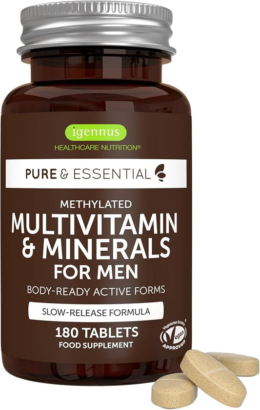 Igennus Methylated Men's Multivitamin, MTHFR Supplement with Active B-Vitamins, 21 Highly Bioavailable Nutrients, Multivitamin for Sustained Release, Clean Label, Non-GMO & Halal 180 Tablets