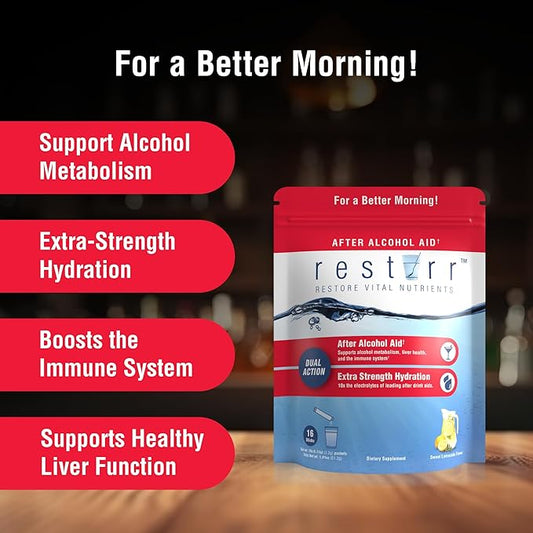restirr After Alcohol Aid & Recovery: Supports Liver Health, Metabolism, Immune System with DHM, Milk Thistle, B-Complex with Extra Strength Hydration. 16 Stick Packs