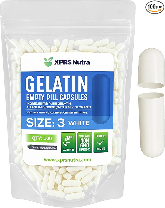 XPRS Nutra Size 3 Empty Capsules - 100 Count Empty Gelatin Capsules - Empty Pill Capsules - DIY Capsule Filling - Pure Bovine Pill Capsules Empty Gel Caps (White)