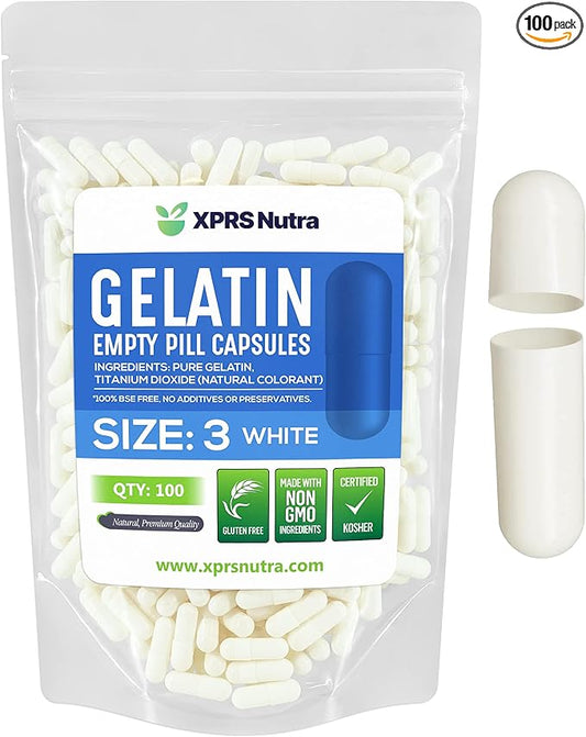 XPRS Nutra Size 3 Empty Capsules - 100 Count Empty Gelatin Capsules - Empty Pill Capsules - DIY Capsule Filling - Pure Bovine Pill Capsules Empty Gel Caps (White)