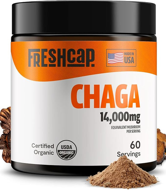 FreshCap Chaga Mushrooms Powder 14,000mg - Chaga Mushroom Powder, Chaga Mushrooms, Mushroom Supplement Powder Antioxidants Supplement Mushroom Extract, Ayurveda Nootropic Immune Support (60 Servings)
