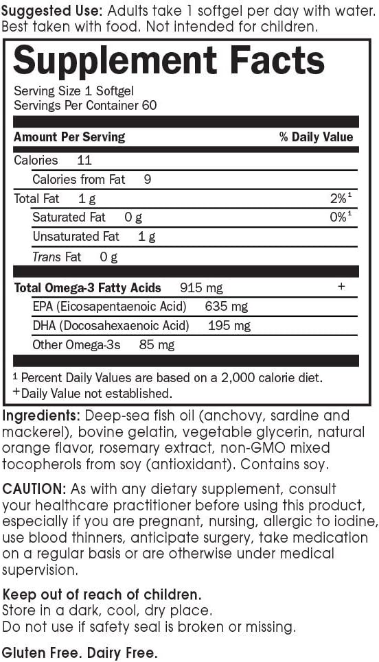 Garden of Life Fish Oil Omega 3 Omega-3 Fish 915mg Omega 3 Fatty 60 Softgels