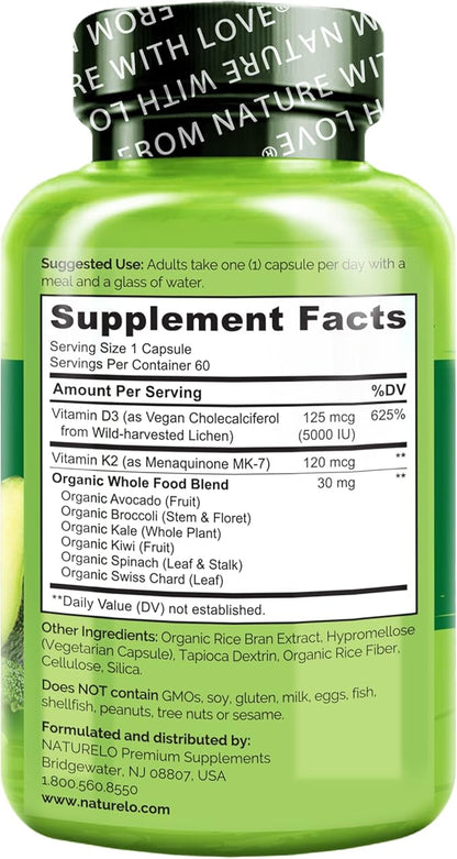 NATURELO Vitamin D3 K2 - Vegan K2+D3 with Plant Based D3 from Lichen - Natural D3 Supplement for Immune System, Bone Support, Heart Health - Whole Food - Non-GMO - Gluten Free, 60 Capsules (Pack of 2)