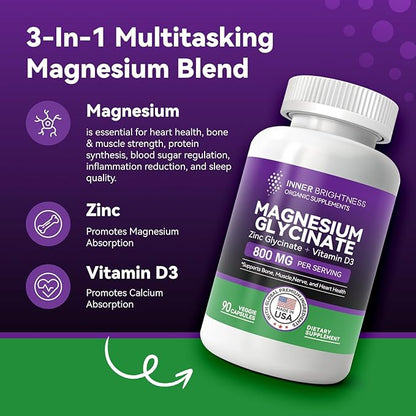 Magnesium Glycinate - Magnesium Supplement D3 for 90 Vegetarian
