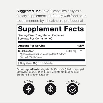 1,000mg Ultra High Strength St. John's 7X Concentrated 0.3% Hypericin 120 Capsules