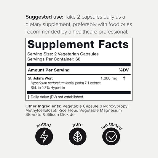 1,000mg Ultra High Strength St. John's 7X Concentrated 0.3% Hypericin 120 Capsules