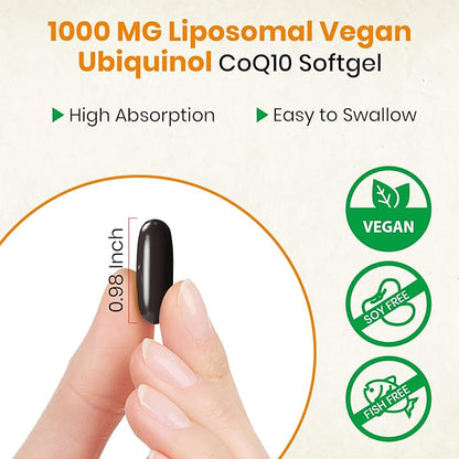 1000mg Liposomal CoQ10 Ubiquinol, 600 Vegan CoQ10 Supplement, Q10 for