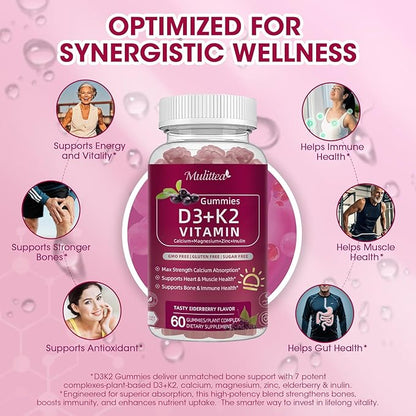 Vitamin D3 10000 IU + K2 (MK-7) 200mcg w/Calcium Magnesium Zinc Elderberry & Inulin-Highly Bioavailable-Enhanced Absorption for Immune & Bone Support- K2 D3 Vitamin Supplement-Vegan Gummies