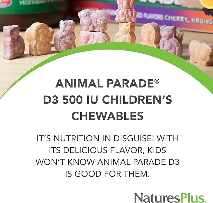 Natures Plus Animal Parade Vitamin D3 Children’s Chewables - Black Cherry Flavor - 90 Animal-Shaped Tablets, Pack of 2 - Gluten Free, Vegetarian, Hypoallergenic - 180 Total Servings