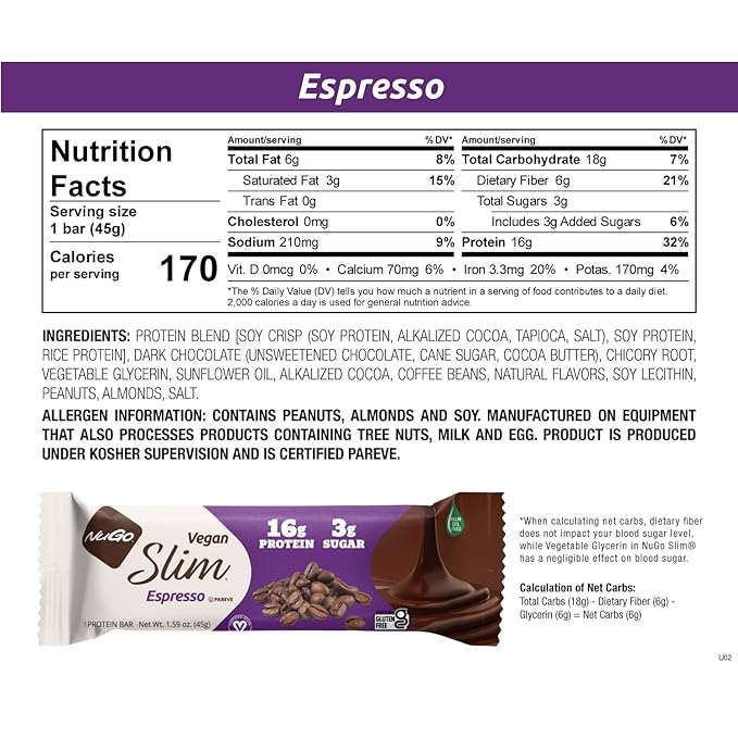 Nugo Slim Dark Chocolate Espresso, 16g Vegan Protein, 3g Sugar, 7g Fiber, Low Net Carb, Keto Friendly, Gluten Free, 24 Count
