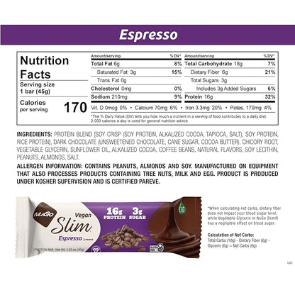 Nugo Slim Dark Chocolate Espresso, 16g Vegan Protein, 3g Sugar, 7g Fiber, Low Net Carb, Keto Friendly, Gluten Free, 24 Count