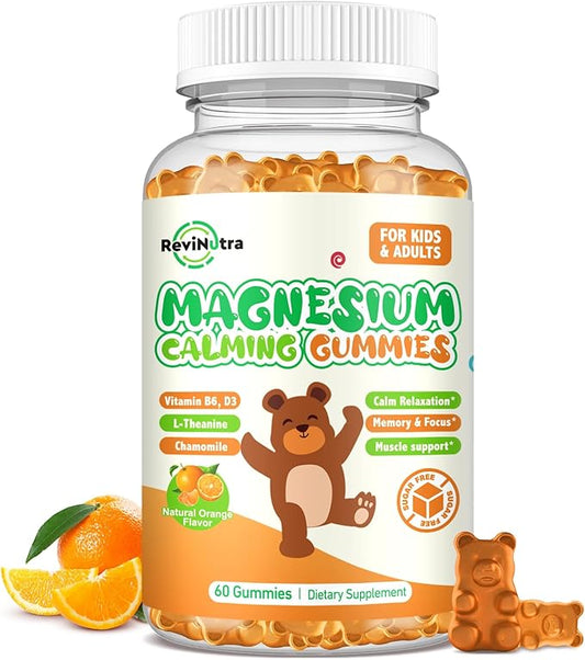 Magnesium Gummies for Kids - Magnesium Glycinate, L-Threonate Supplement with L-Theanine, Vitamin B6, D3 for Adults & Kids, Calm Magnesium for Sleep, Relaxation, Brain, Bones, Sugar Free Orange 60ct