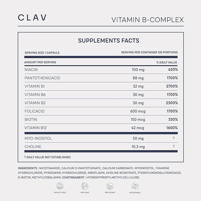 CLAV Vitamin B Complex - 120 Capsules - All 8 B Vitamins with Co-Factors Myo-Inositol & Choline - Supports Energy Metabolism - Vegan - Made in Germany