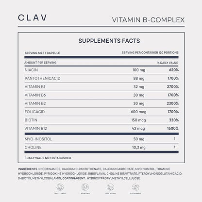 CLAV Vitamin B Complex - 120 Capsules - All 8 B Vitamins with Co-Factors Myo-Inositol & Choline - Supports Energy Metabolism - Vegan - Made in Germany