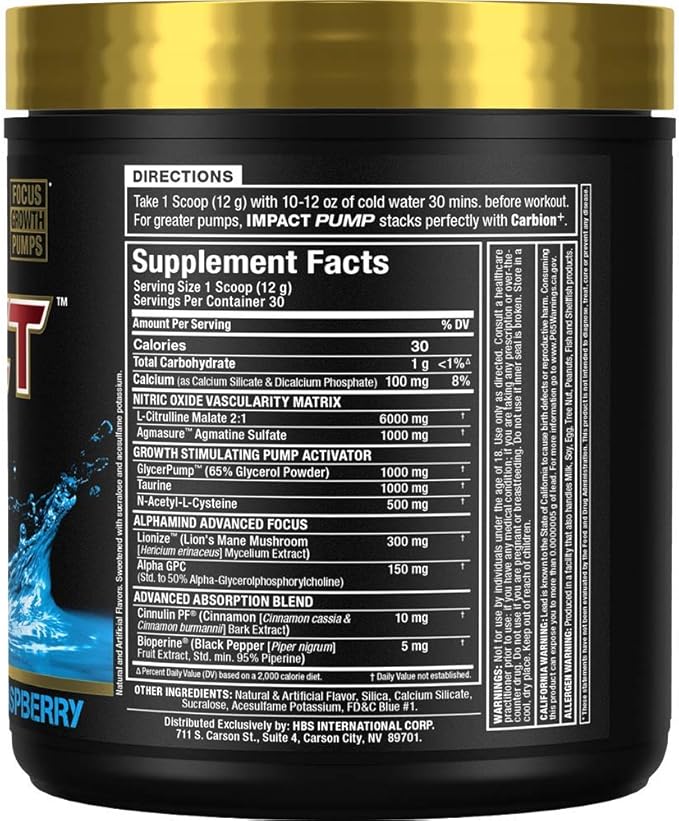 ALLMAX Impact Pump, Blue Raspberry - 360 g - Stim-Free Pre-Workout Formula - Boosts Pumps & Mind-Muscle Connection - with Citrulline Malate & Lion’s Mane - Up to 30 Servings