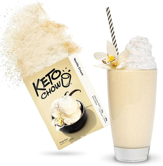 Keto Chow Vanilla Cream - Keto Meal Replacement Shake Powder - Nutritionally Complete - Low Carb - Delicious Easy Meal Substitute - Protein Rich & Dairy Free - Single Meal Serving