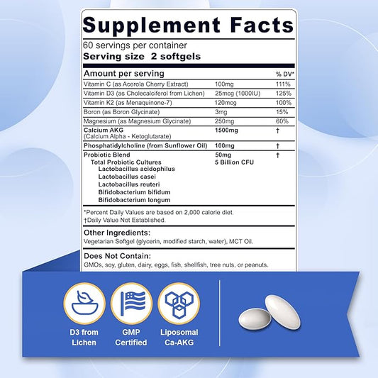 Liposomal Calcium AKG Supplement 1500mg with Vitamin D3 & K2 Softgels for Women & Men│ High Absorption│Calcium Supplements with Magnesium Glycinate, Boron, Probiotics & Vitamin C for Bone - 120 Pills