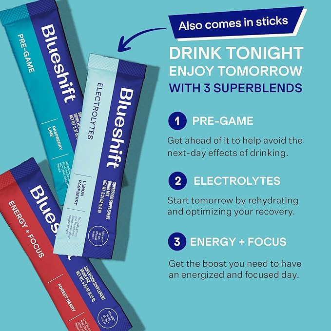 Blueshift Pre-Game - Pre Drinking NAC Supplement, Electrolytes Powder Packets, Hydration Packets, Pre Alcohol Liver Support with Ginger, Cysteine, Milk Thistle, No Sugar Powder Pods (14 Pack)