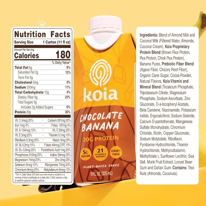 Koia - Plant Based Protein Shake 20g Protein, 5g Sugar, 6g Prebiotic 21 Vitamins 11 fl 12 Bottles