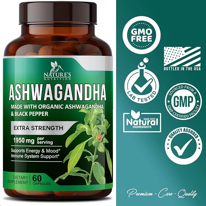 Nature's Nutrition Organic Ashwagandha Capsules Extra 1950mg - 60 Capsules