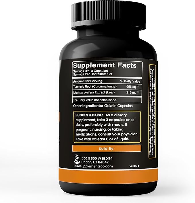 Turmeric & Moringa (365 Capsules) No Magnesium Or Rice Fillers, Always Pure, Lab Verified