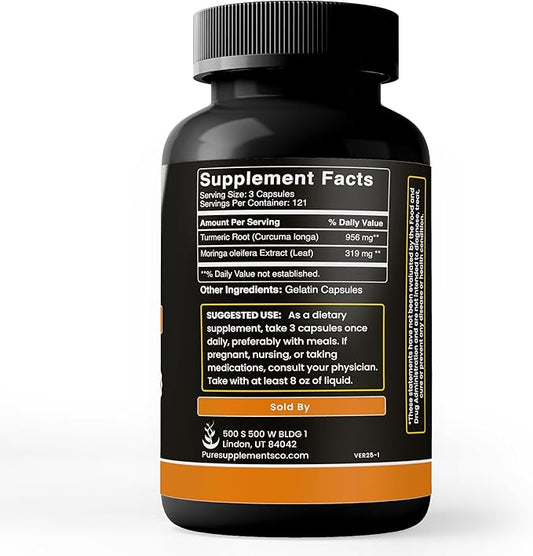 Turmeric & Moringa (365 Capsules) No Magnesium Or Rice Fillers, Always Pure, Lab Verified