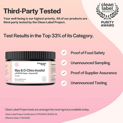 Inositol Supplement Powder with MTHF Folate + Vitamin D3 | Myo-Inositol & D-Chiro Inositol | Hormonal Balance & Healthy Ovarian Support | Vitamin B8 | Alternative to Inositol Capsules | 30-Day Supply