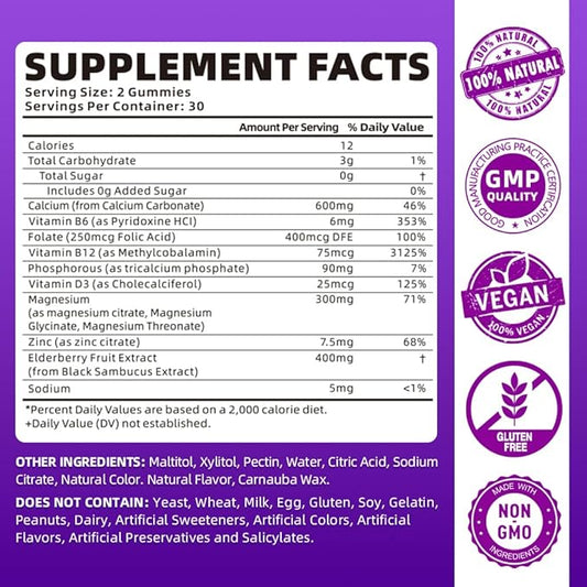Calcium Magnesium Zinc Gummies for Women, 600 mg 60 Gummies